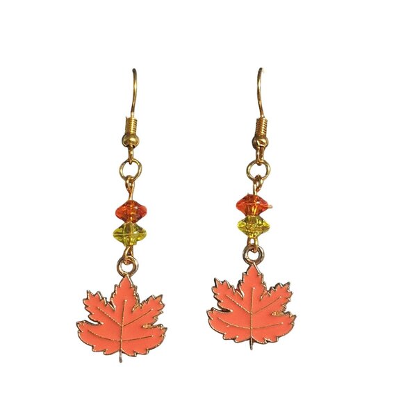Maple Leaf Drop Earrings Autumn Gold Tone Hook Beaded Fall Theme Red Yellow Gift - Picture 2 of 4
